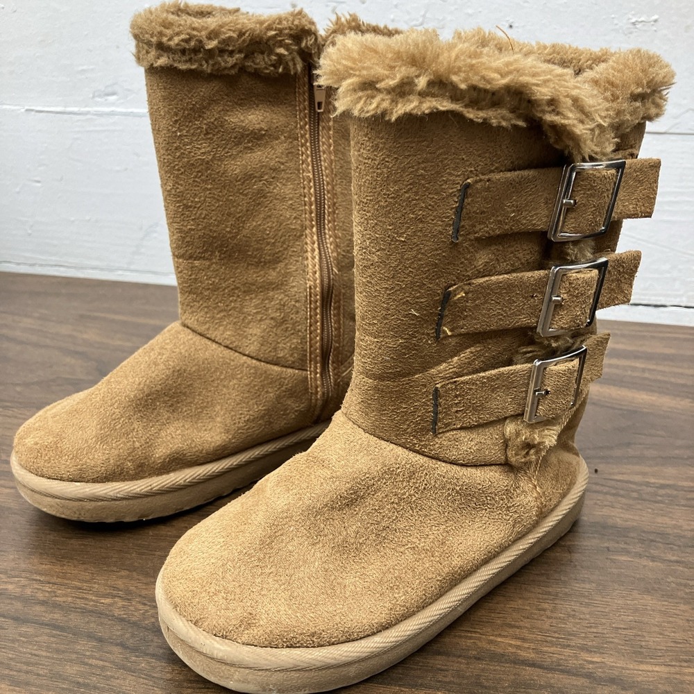 Bobbie Brooks Girl's Faux-Fur Trim Side-Buckle Boots - Tan, 11-12 Small #8855